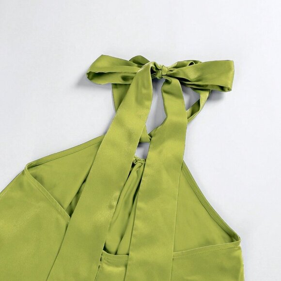 Green Casual Women's O-Ring Sleeveless Self-Tie Halter Backless Maxi Dress - Picture 5 of 5
